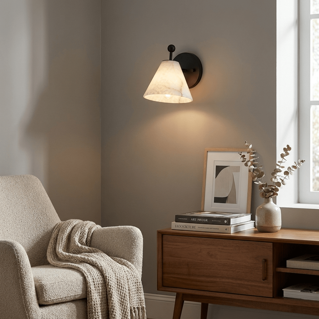 Alabaster Angled Wall Sconce — additional product view, a tapered stone shade on an angled metal stem (view 4)