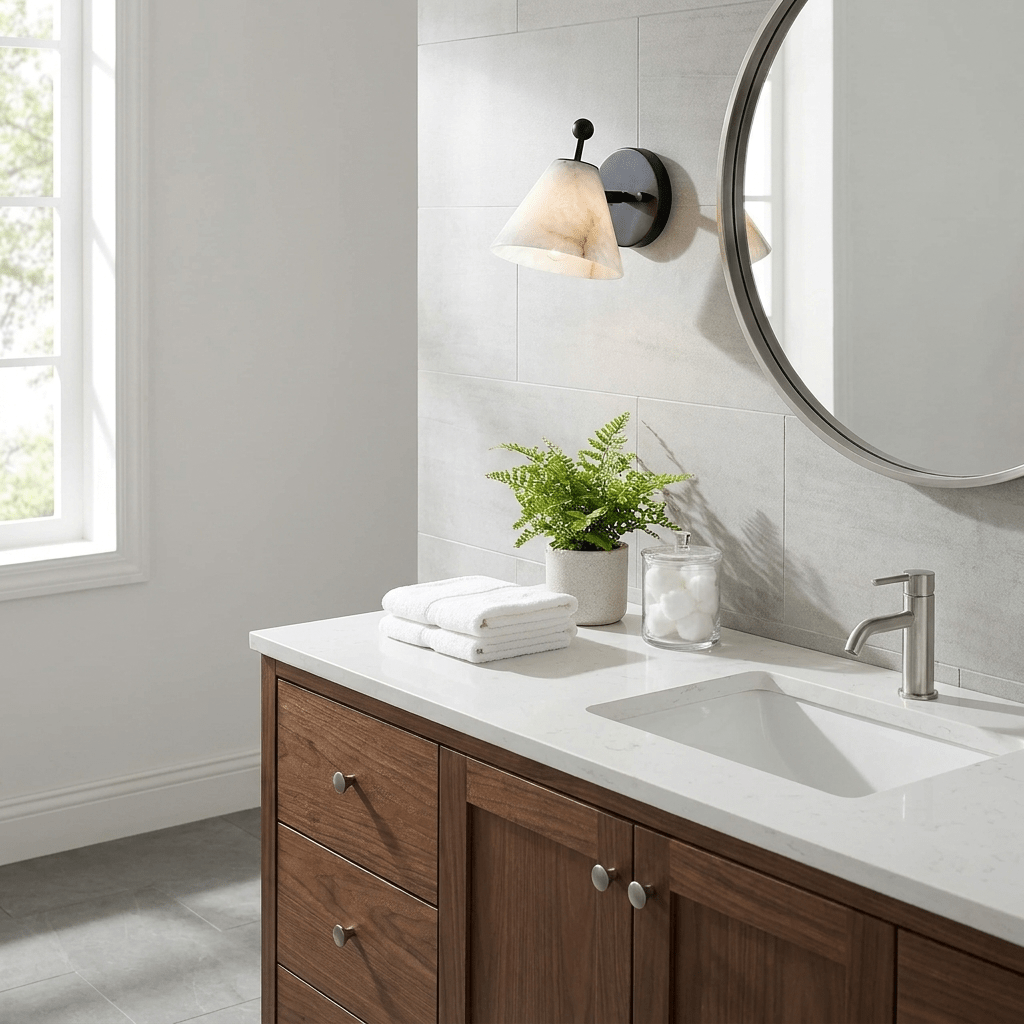 Alabaster Angled Wall Sconce — additional product view, a tapered stone shade on an angled metal stem (view 5)