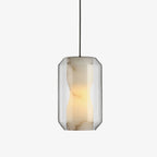 Alabaster Glass Cylinder Pendant Light — full fixture profile, a stone cylinder inside a faceted clear glass shell (view 1)