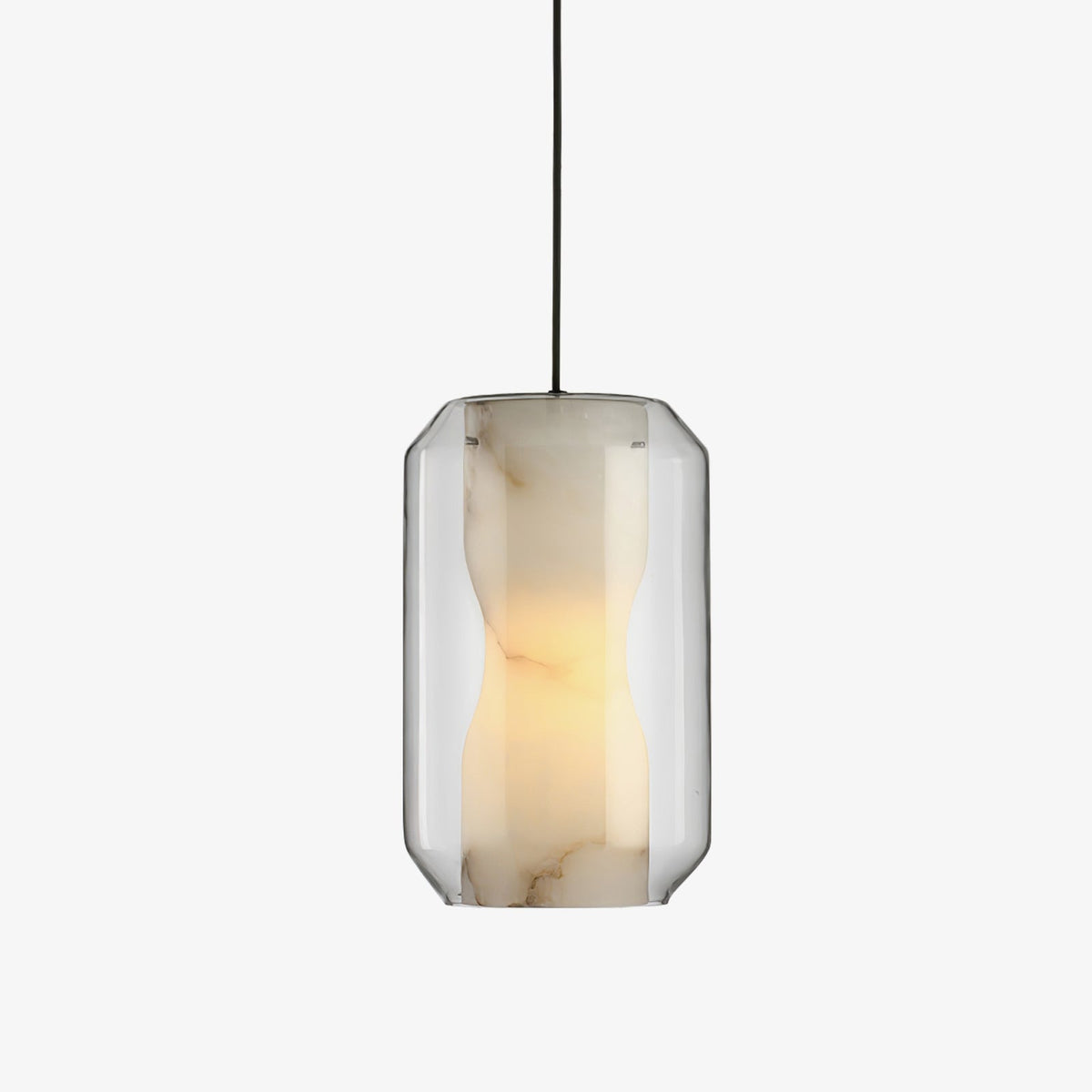 Alabaster Glass Cylinder Pendant Light — full fixture profile, a stone cylinder inside a faceted clear glass shell (view 1)