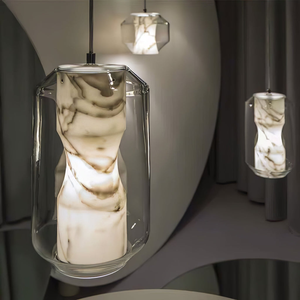 Alabaster Glass Cylinder Pendant Light — product setting and fixture profile, a stone cylinder inside a faceted clear glass shell (view 2)