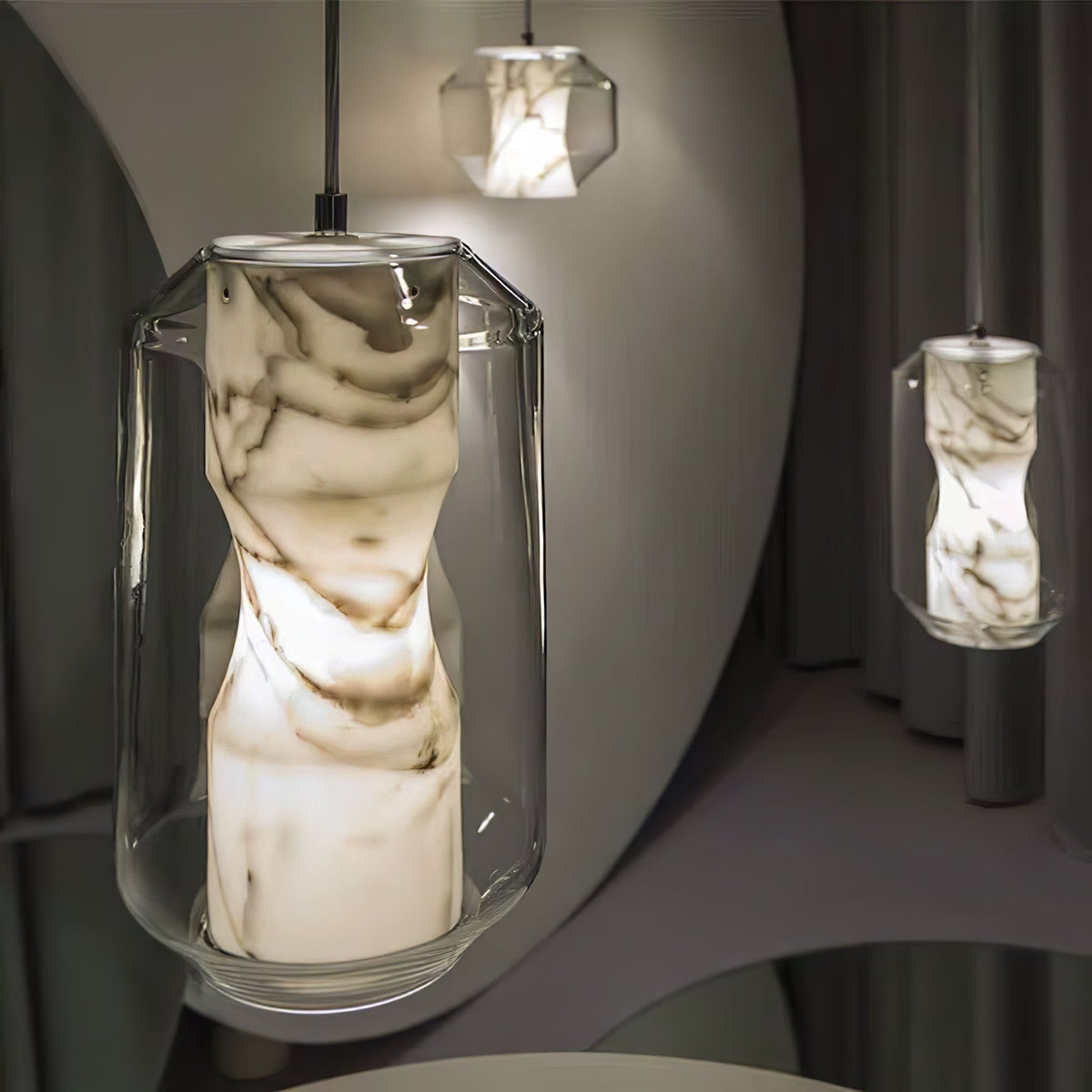 Alabaster Glass Cylinder Pendant Light — product setting and fixture profile, a stone cylinder inside a faceted clear glass shell (view 2)