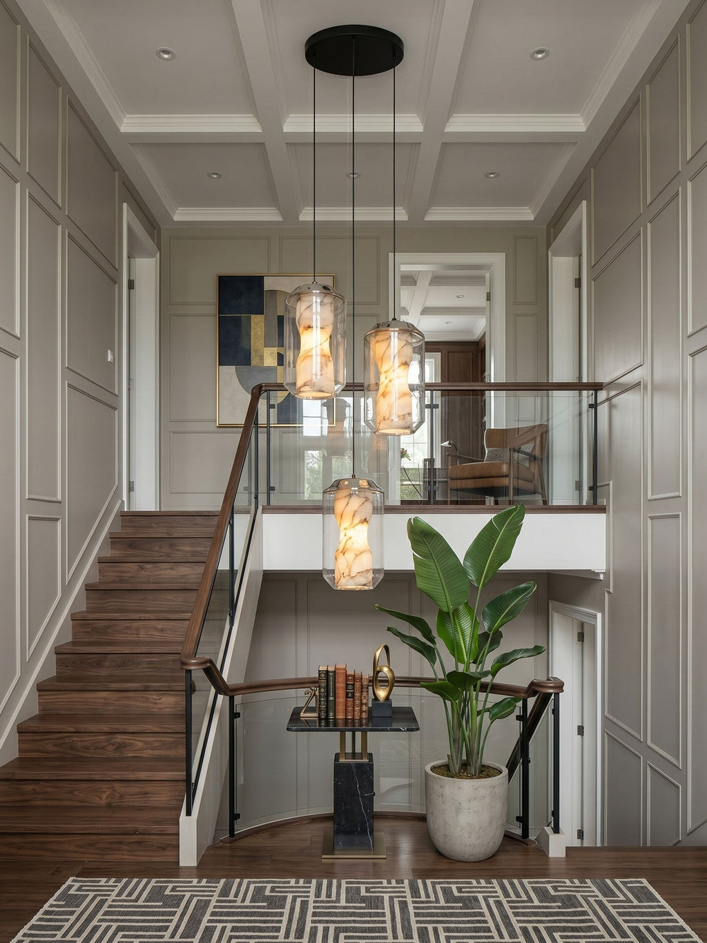 Alabaster Glass Cylinder Pendant Light — additional product view, a stone cylinder inside a faceted clear glass shell (view 3)