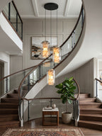 Alabaster Glass Cylinder Pendant Light — additional product view, a stone cylinder inside a faceted clear glass shell (view 4)