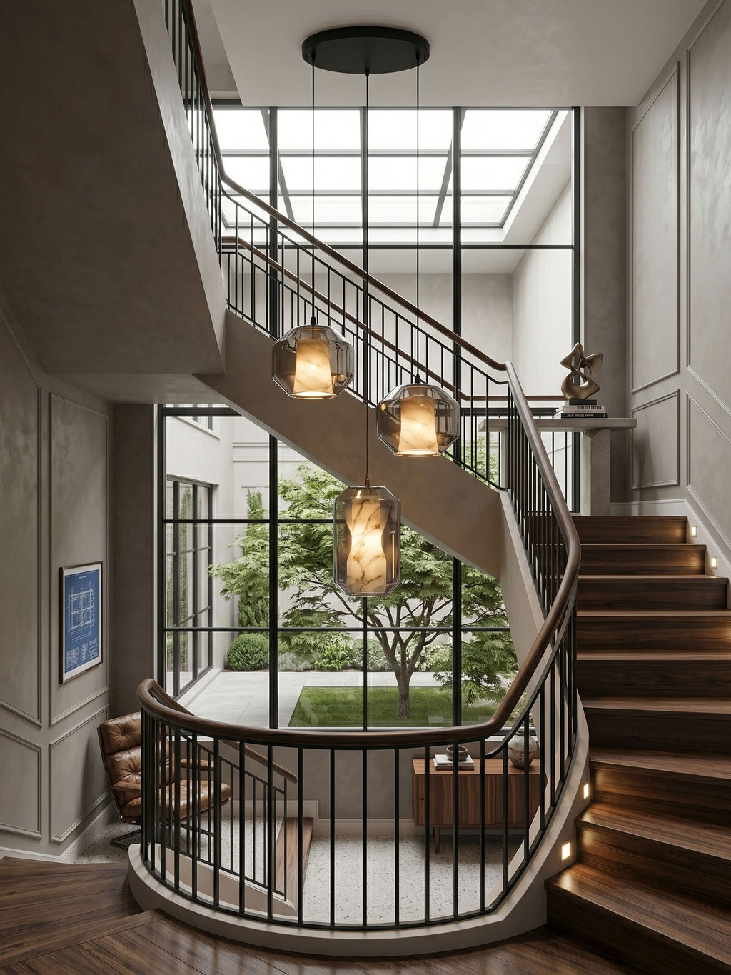 Alabaster Glass Cylinder Pendant Light — additional product view, a stone cylinder inside a faceted clear glass shell (view 5)