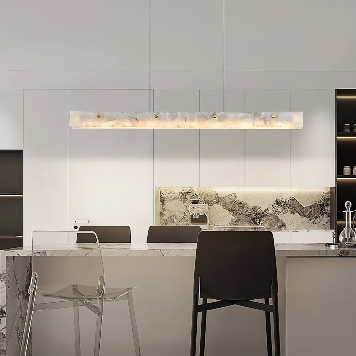 Alabaster LED Linear Pendant Light — product setting and fixture profile, a linear stone diffuser beneath slim suspension hardware (view 2)