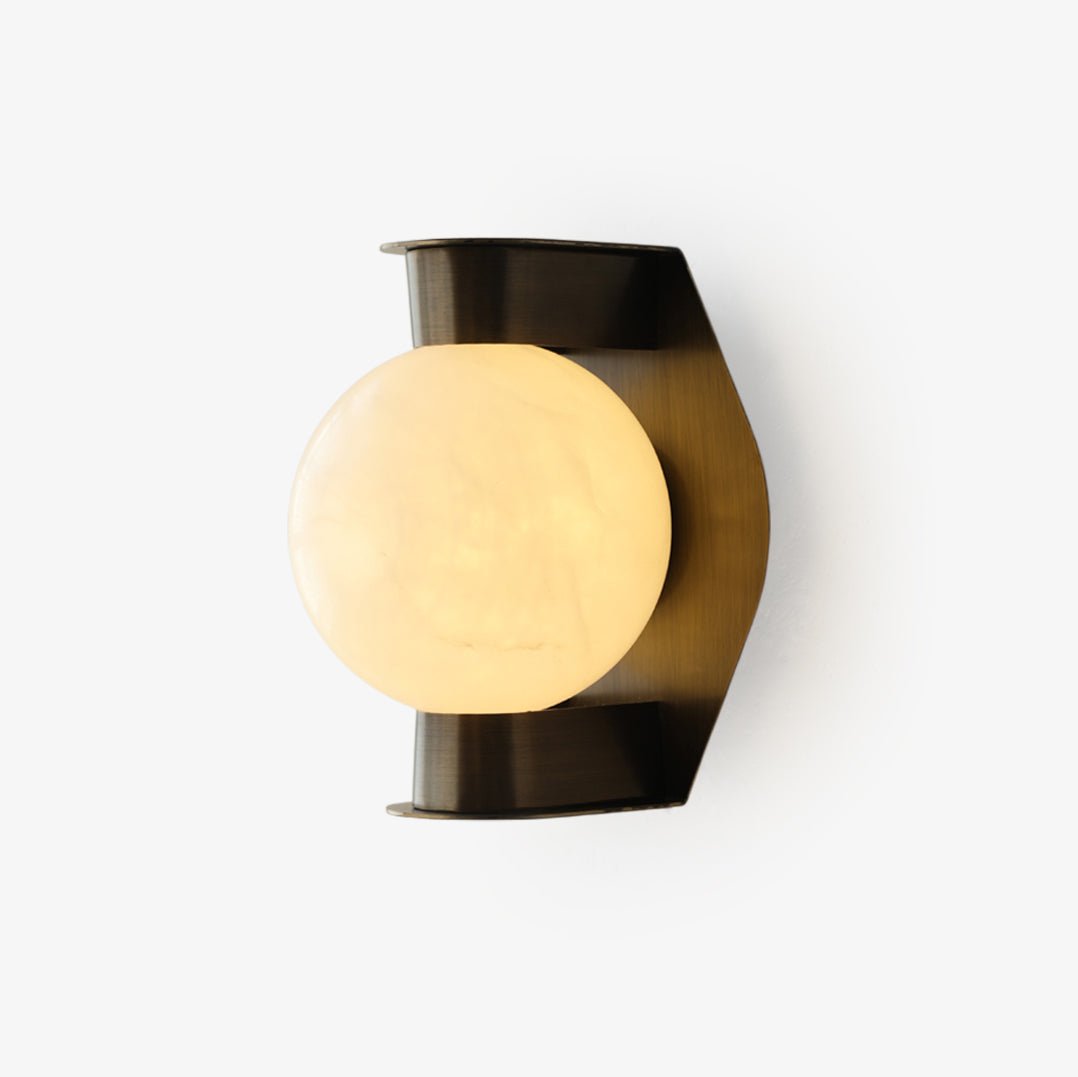 Alabaster Orb Alabaster Sconce — full fixture profile, a stone sphere held by a sculptural metal frame (view 1)