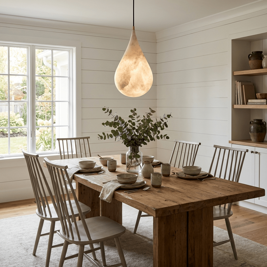 Alabaster Raindrop Pendant Light — product setting and fixture profile, teardrop-shaped stone shades on slender cords (view 2)