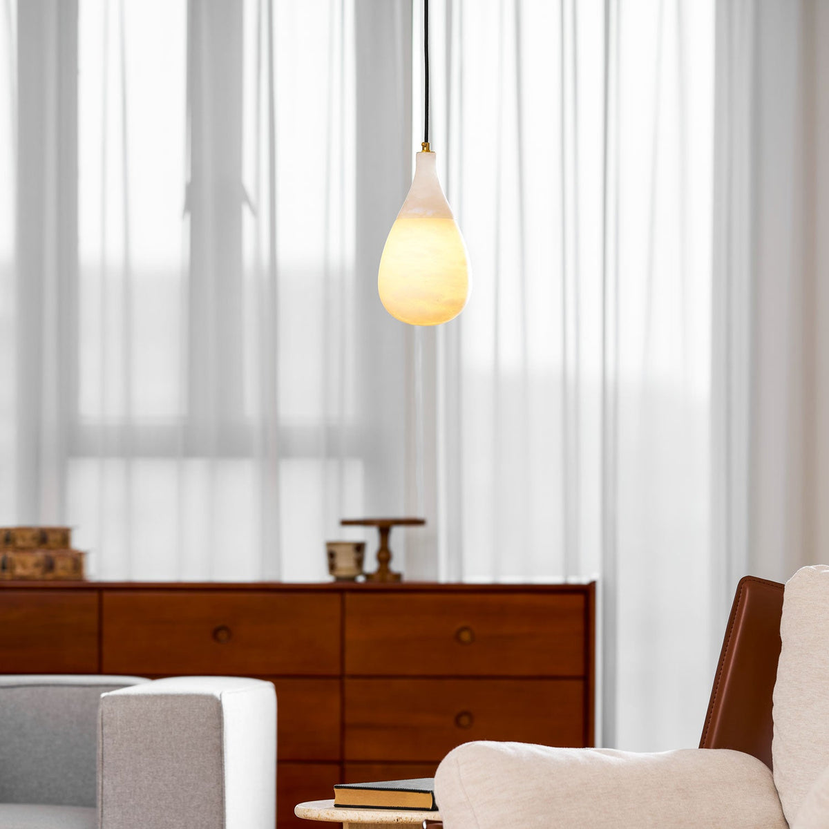 Alabaster Raindrop Pendant Light — additional product view, teardrop-shaped stone shades on slender cords (view 4)