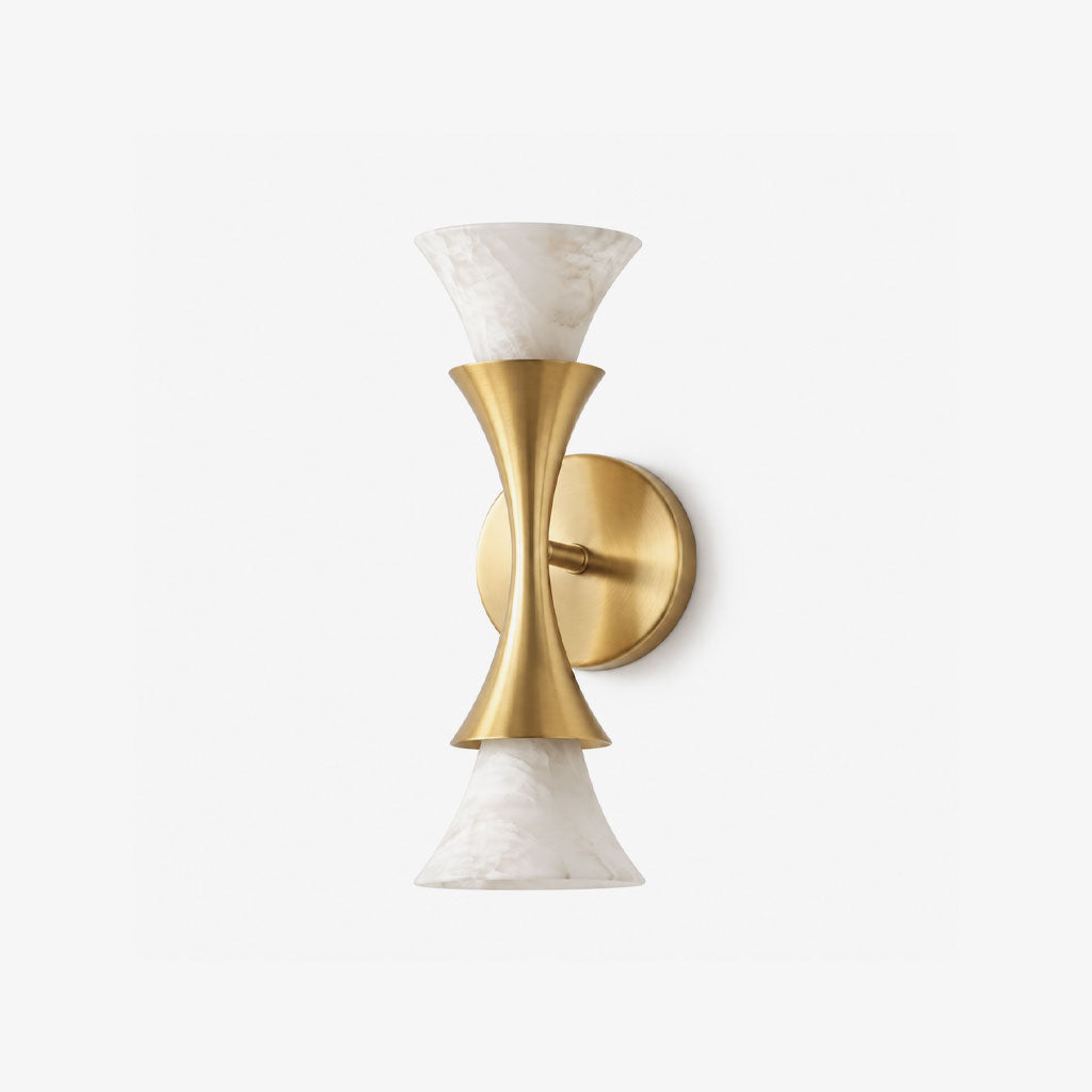 Amphora Alabaster Wall Sconce — full fixture profile, upward- and downward-facing stone shades around an hourglass center (view 1)