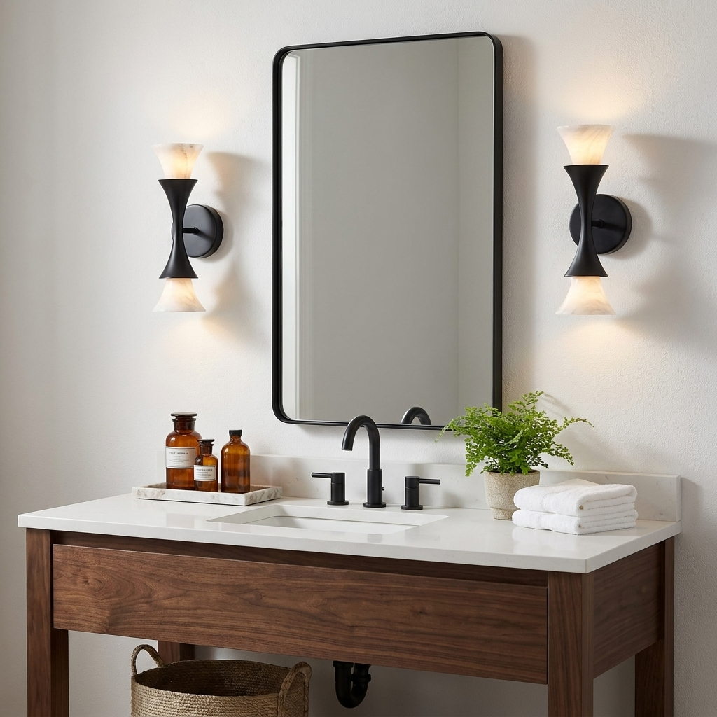 Amphora Alabaster Wall Sconce — additional product view, upward- and downward-facing stone shades around an hourglass center (view 4)