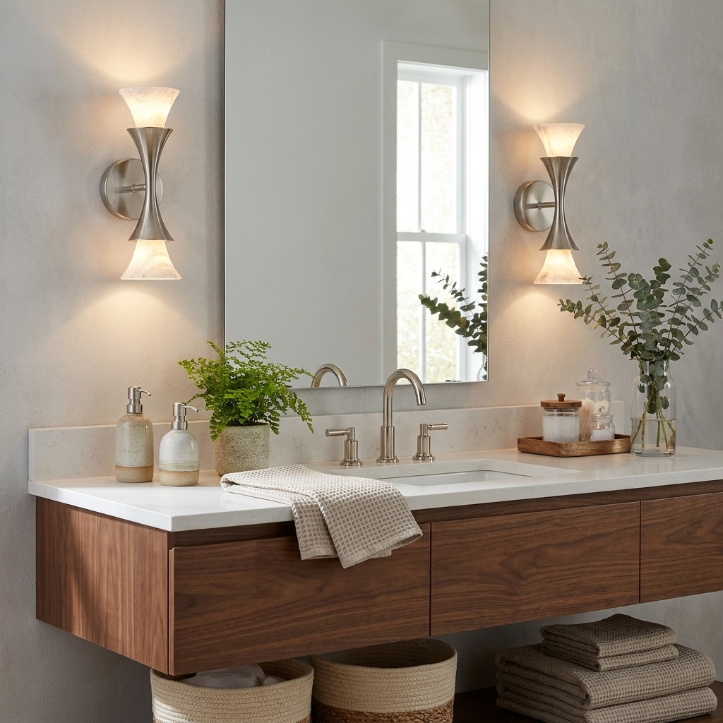 Amphora Alabaster Wall Sconce — additional product view, upward- and downward-facing stone shades around an hourglass center (view 5)