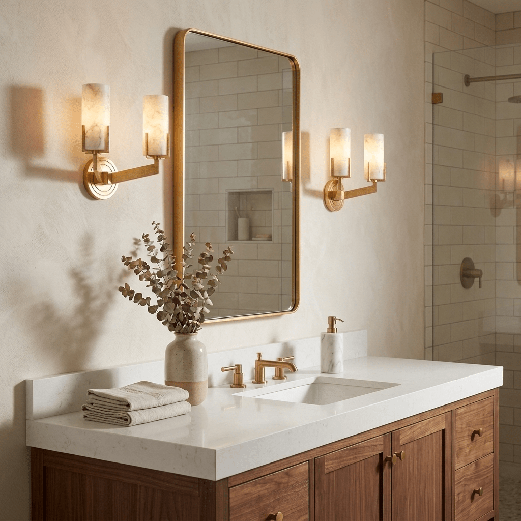 Ansel Alabaster Wall Sconce — product setting and fixture profile, cylindrical stone shades on right-angle metal brackets (view 2)