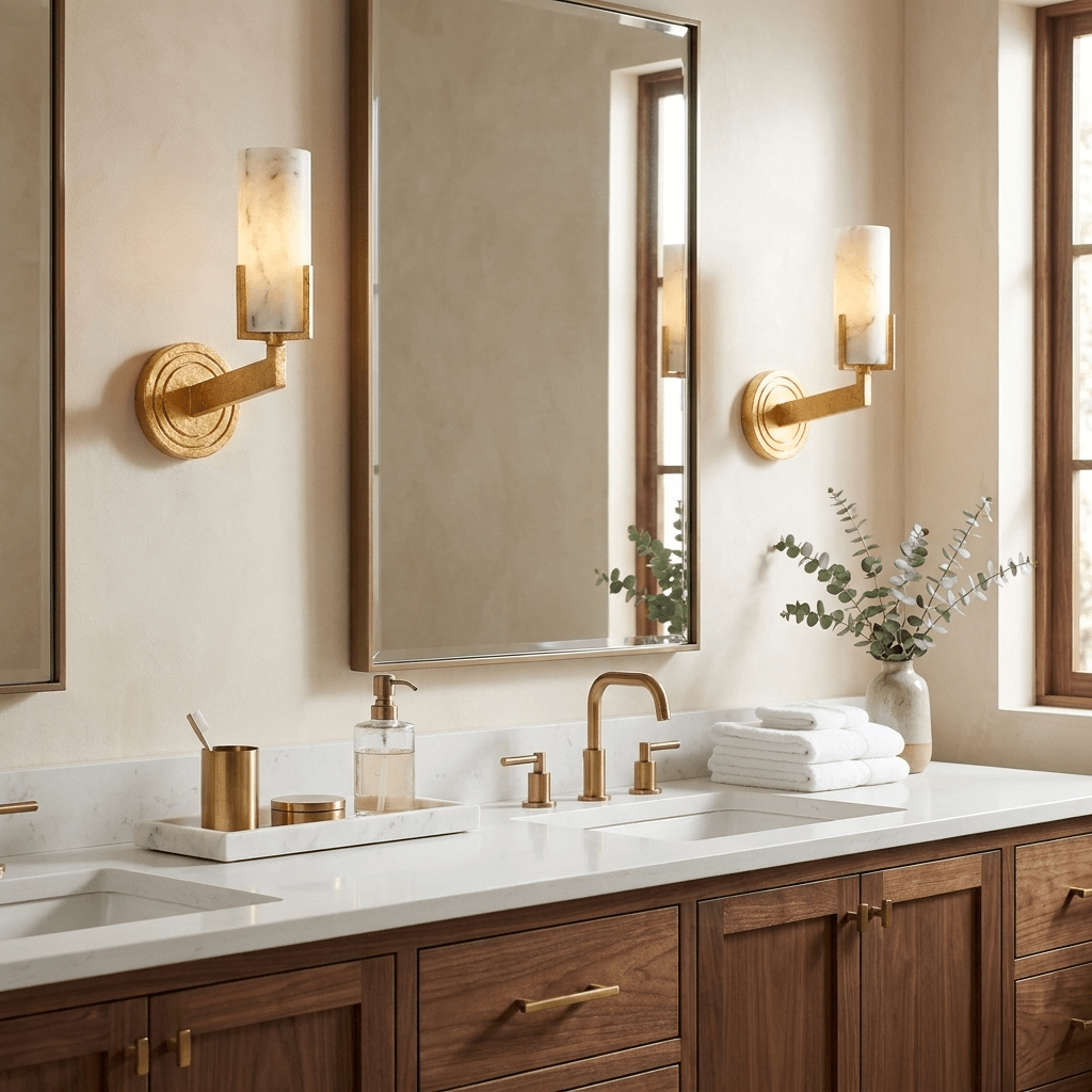 Ansel Alabaster Wall Sconce — additional product view, cylindrical stone shades on right-angle metal brackets (view 3)
