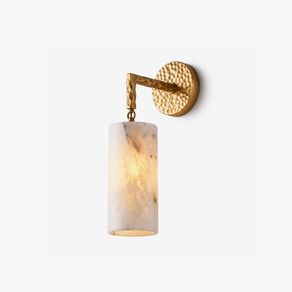 Anvil Hammered Alabaster Wall Sconce — full fixture profile, a cylindrical stone shade suspended from a small chain link (view 1)