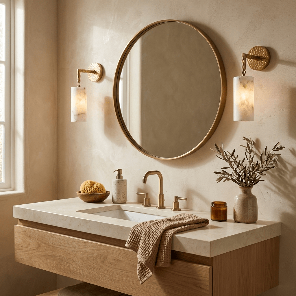 Anvil Hammered Alabaster Wall Sconce — product setting and fixture profile, a cylindrical stone shade suspended from a small chain link (view 2)