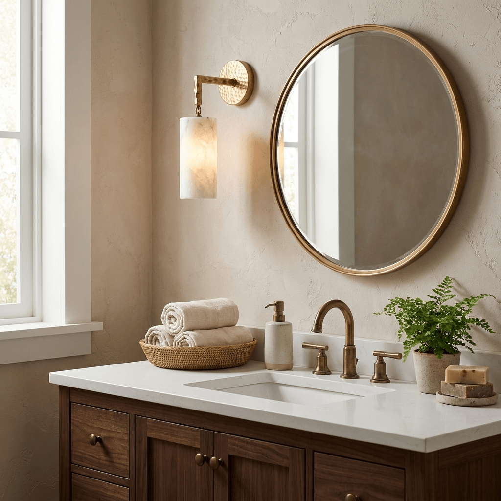 Anvil Hammered Alabaster Wall Sconce — additional product view, a cylindrical stone shade suspended from a small chain link (view 3)