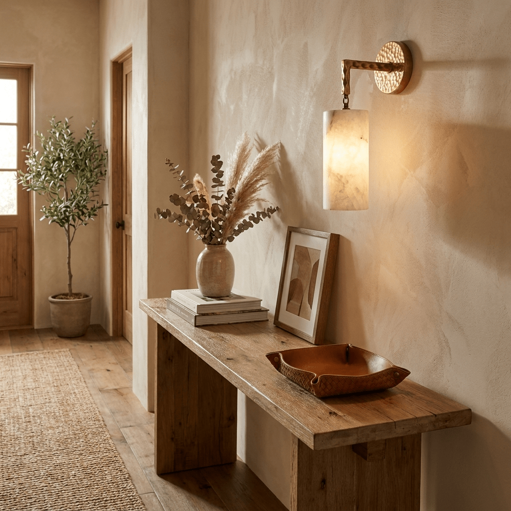 Anvil Hammered Alabaster Wall Sconce — additional product view, a cylindrical stone shade suspended from a small chain link (view 5)
