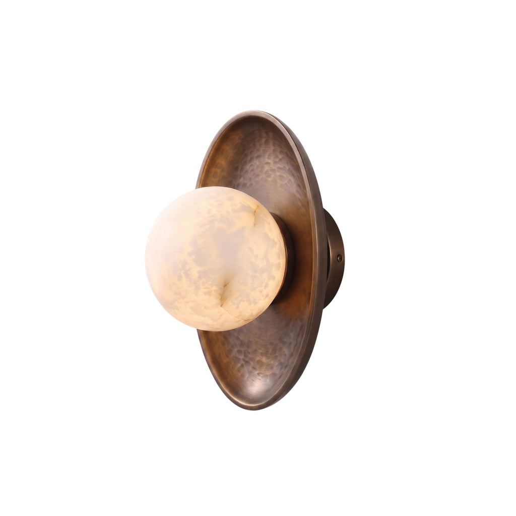 Aosta Disc Alabaster Wall Sconce — full fixture profile, a stone globe in front of a textured brass disc (view 1)