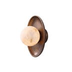 Aosta Disc Alabaster Wall Sconce — full fixture profile, a stone globe in front of a textured brass disc (view 1)
