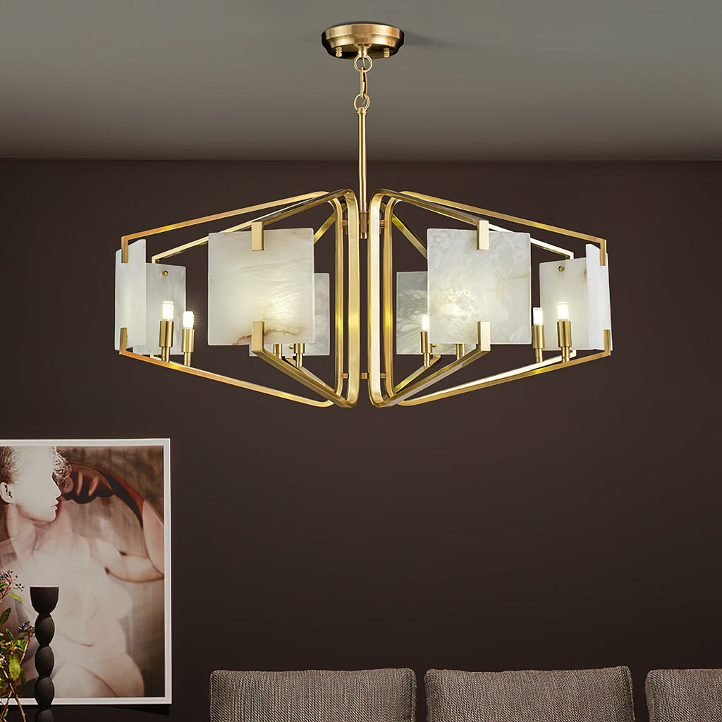 Appareil Alabaster Chandelier — product setting and fixture profile, square stone panels supported by brass hardware (view 2)