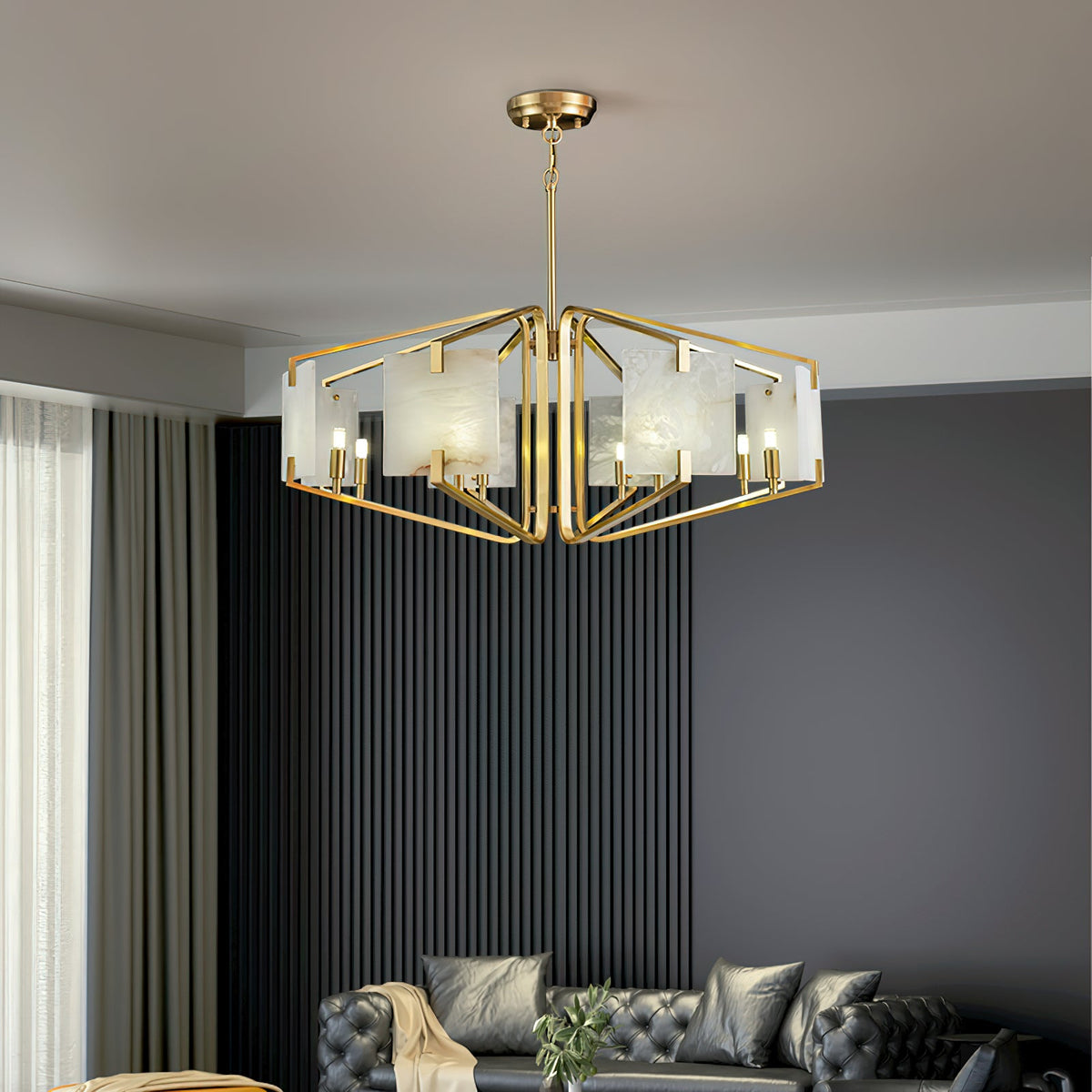 Appareil Alabaster Chandelier — additional product view, square stone panels supported by brass hardware (view 3)