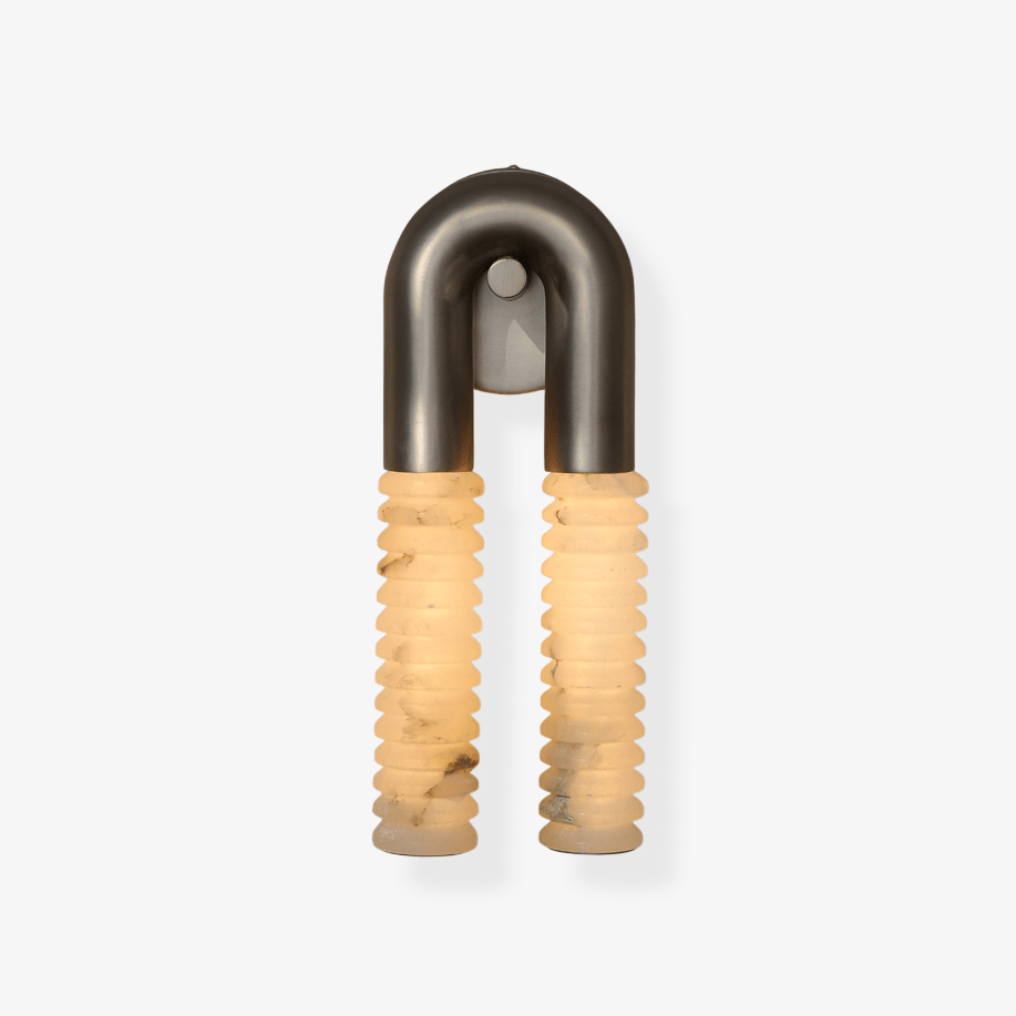 Arc Ridge Alabaster Wall Sconce — full fixture profile, two ribbed stone columns joined by a curved metal arch (view 1)