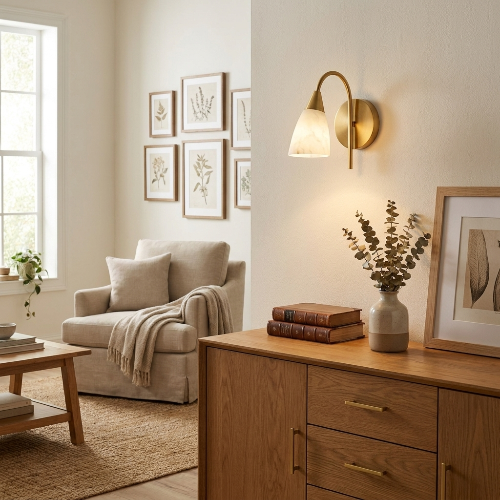 Arch Alabaster Wall Sconce — product setting and fixture profile, a stone cone beneath a rounded arch arm (view 2)
