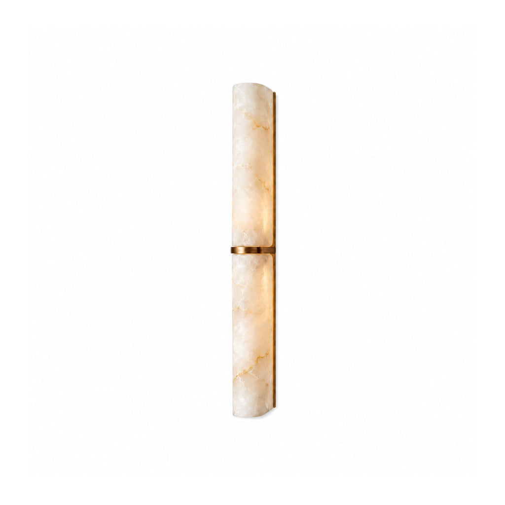 Arched Alabaster Tube Wall Sconce — full fixture profile, a long stone tube carried by an arched brass mount (view 1)