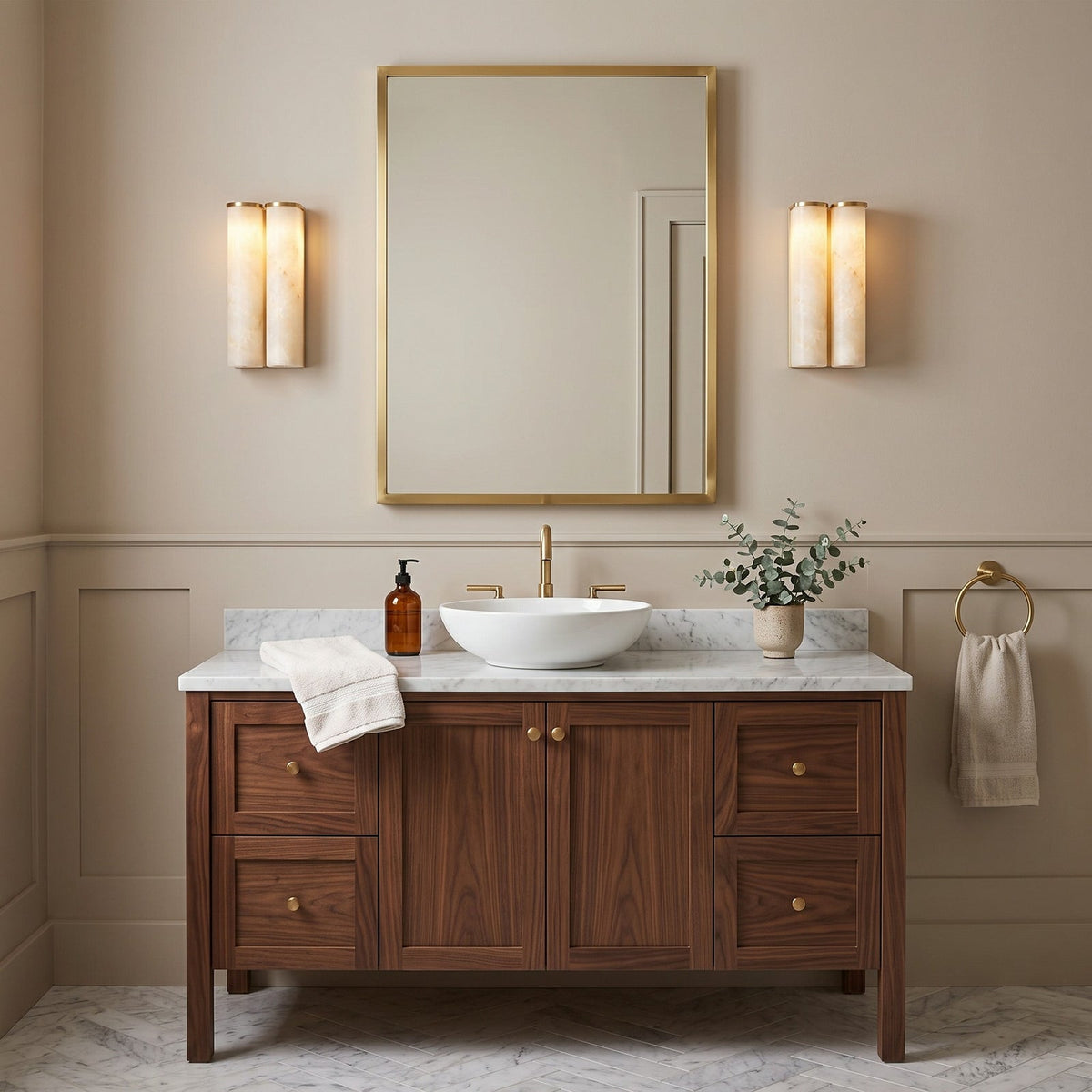 Arched Alabaster Tube Wall Sconce — product setting and fixture profile, a long stone tube carried by an arched brass mount (view 2)