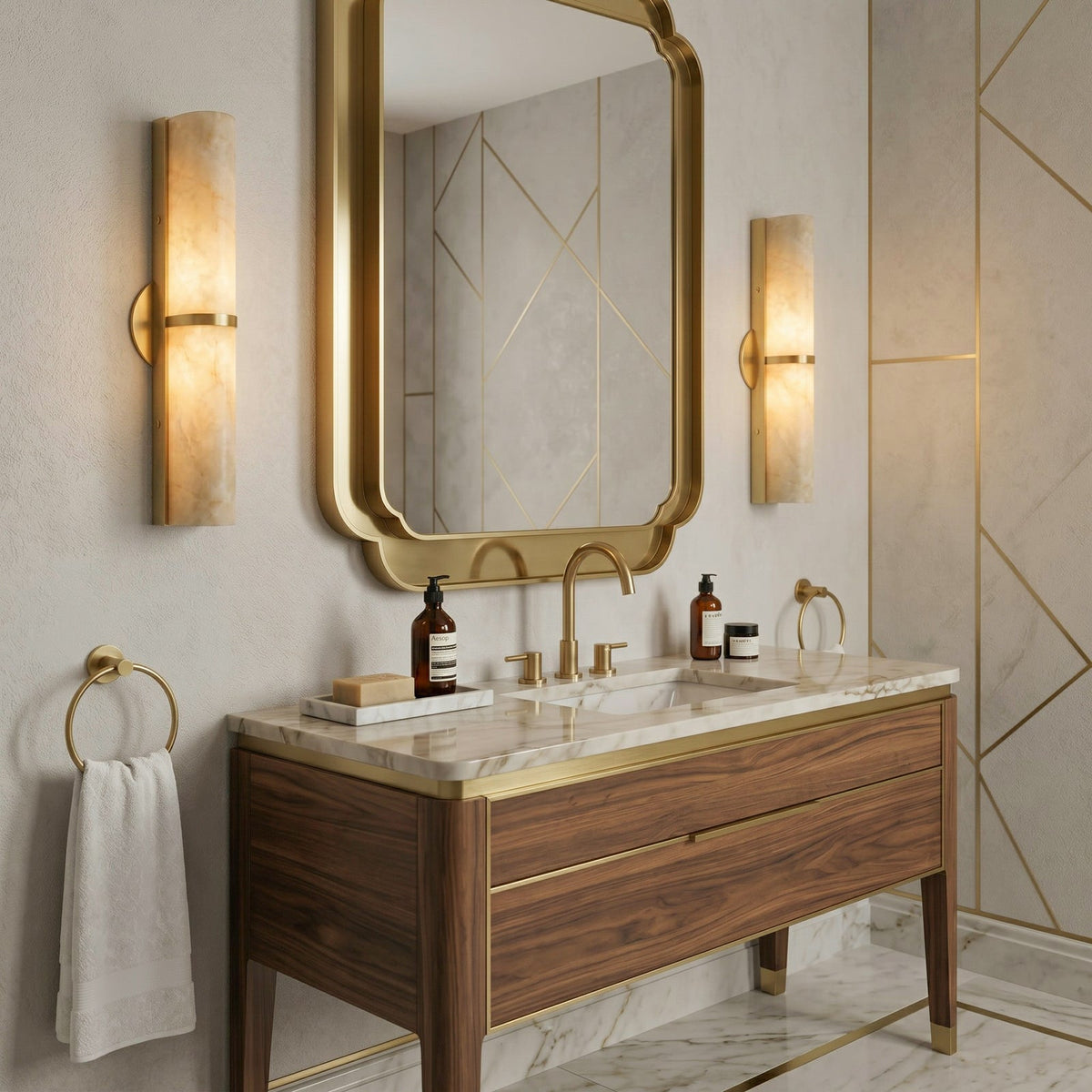 Arched Alabaster Tube Wall Sconce — additional product view, a long stone tube carried by an arched brass mount (view 3)