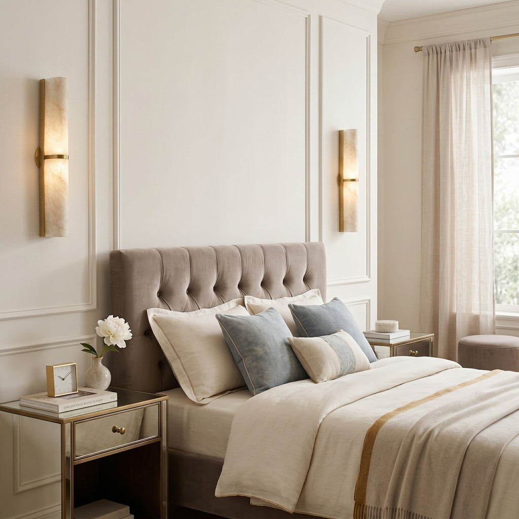 Arched Alabaster Tube Wall Sconce — additional product view, a long stone tube carried by an arched brass mount (view 4)