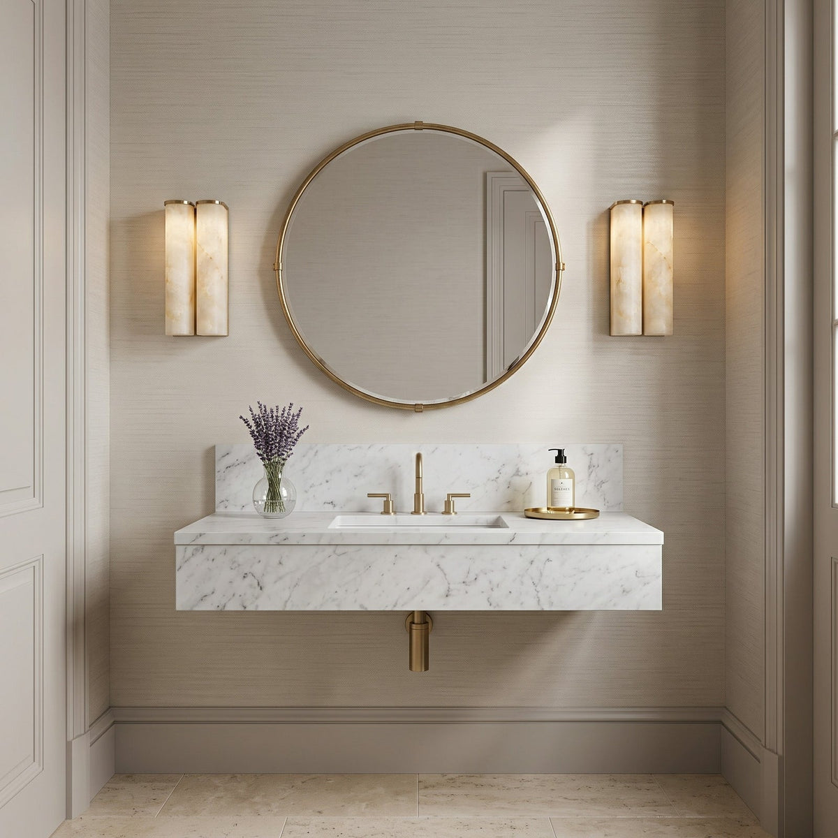 Arched Alabaster Tube Wall Sconce — additional product view, a long stone tube carried by an arched brass mount (view 5)