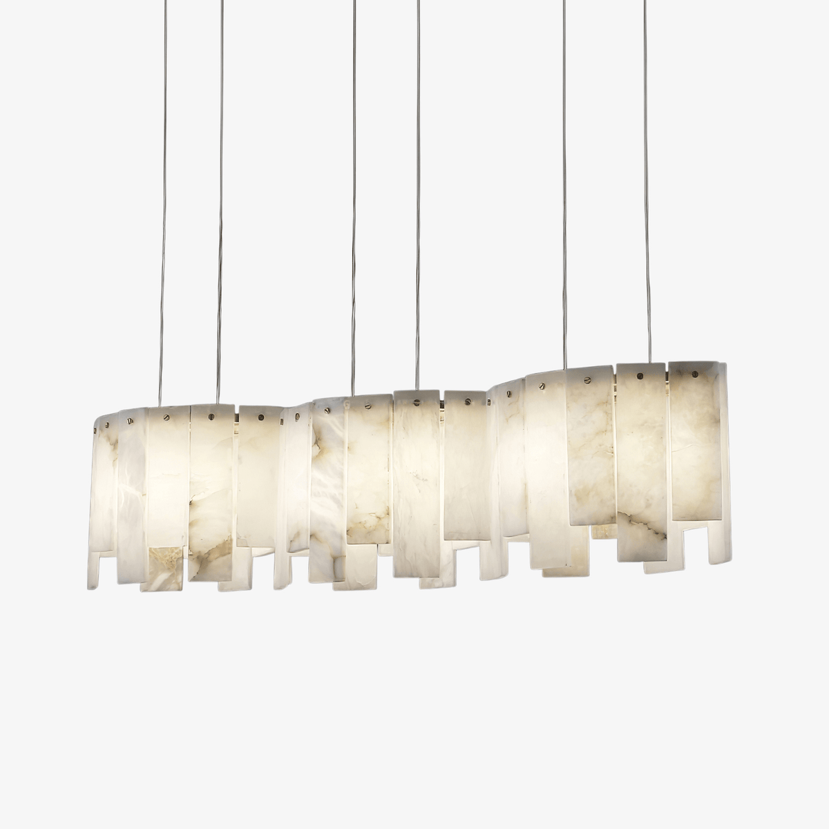 Arctora Alabaster Pendant Lamp — full fixture profile, vertical stone panels arranged around a suspended frame (view 1)