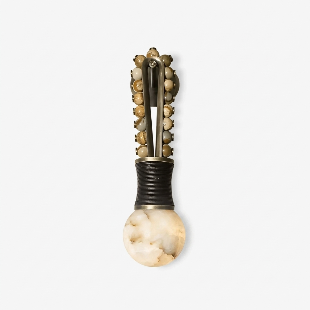 Ardora Alabaster Wall Lamp — full fixture profile, a stone globe surrounded by a beaded metal frame (view 1)