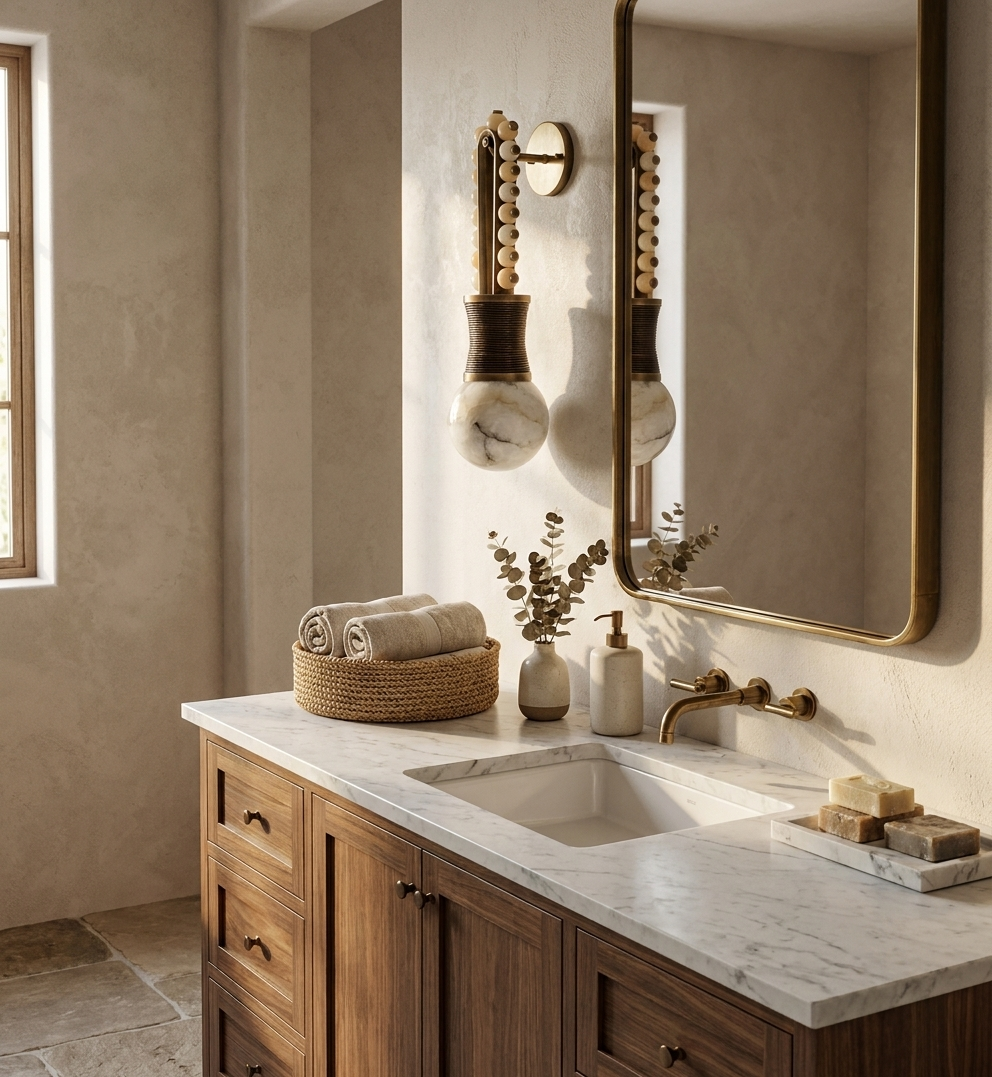 Ardora Alabaster Wall Lamp — additional product view, a stone globe surrounded by a beaded metal frame (view 5)