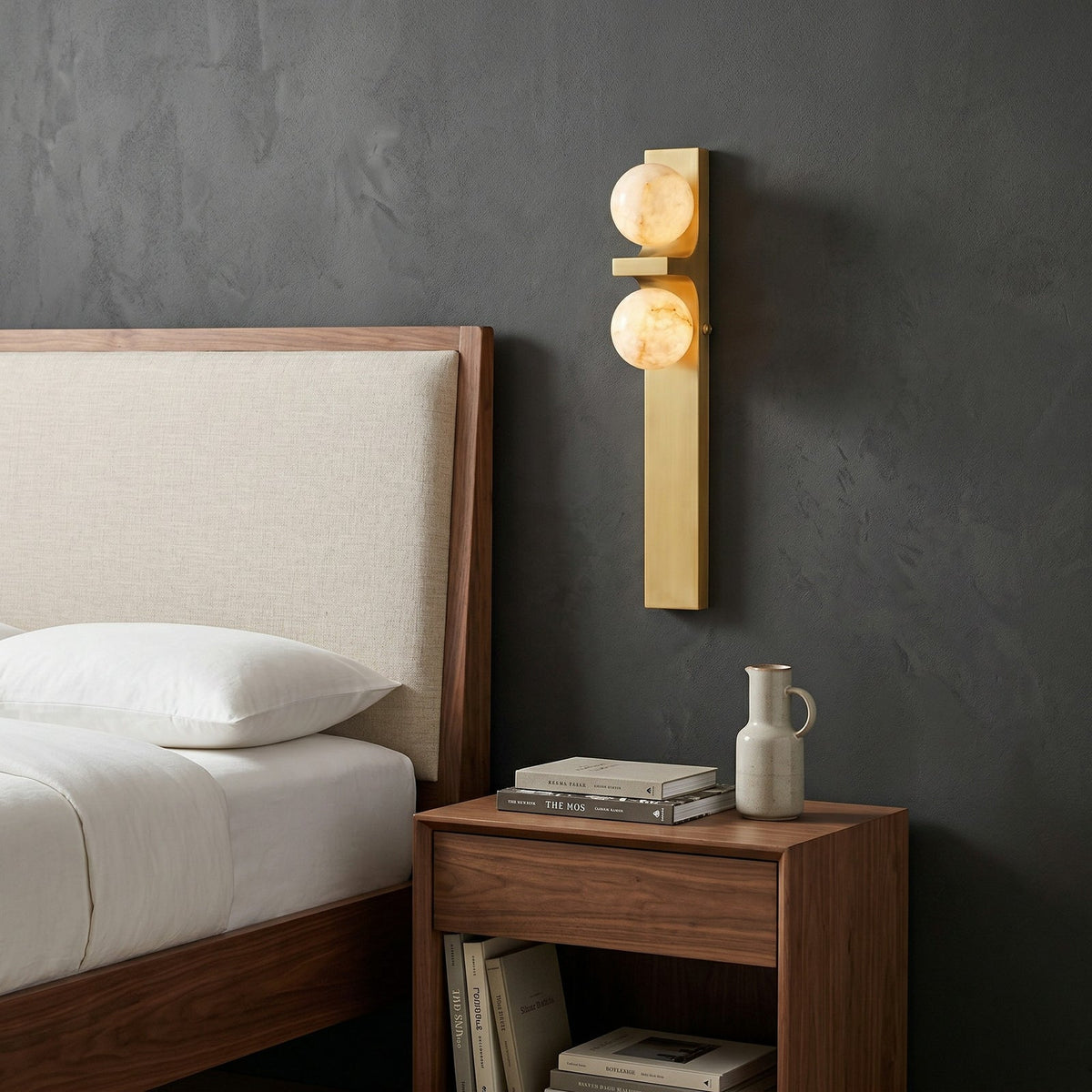 Asymmetrical Alabaster Wall Sconce — product setting and fixture profile, two stone globes placed asymmetrically on a brass frame (view 2)