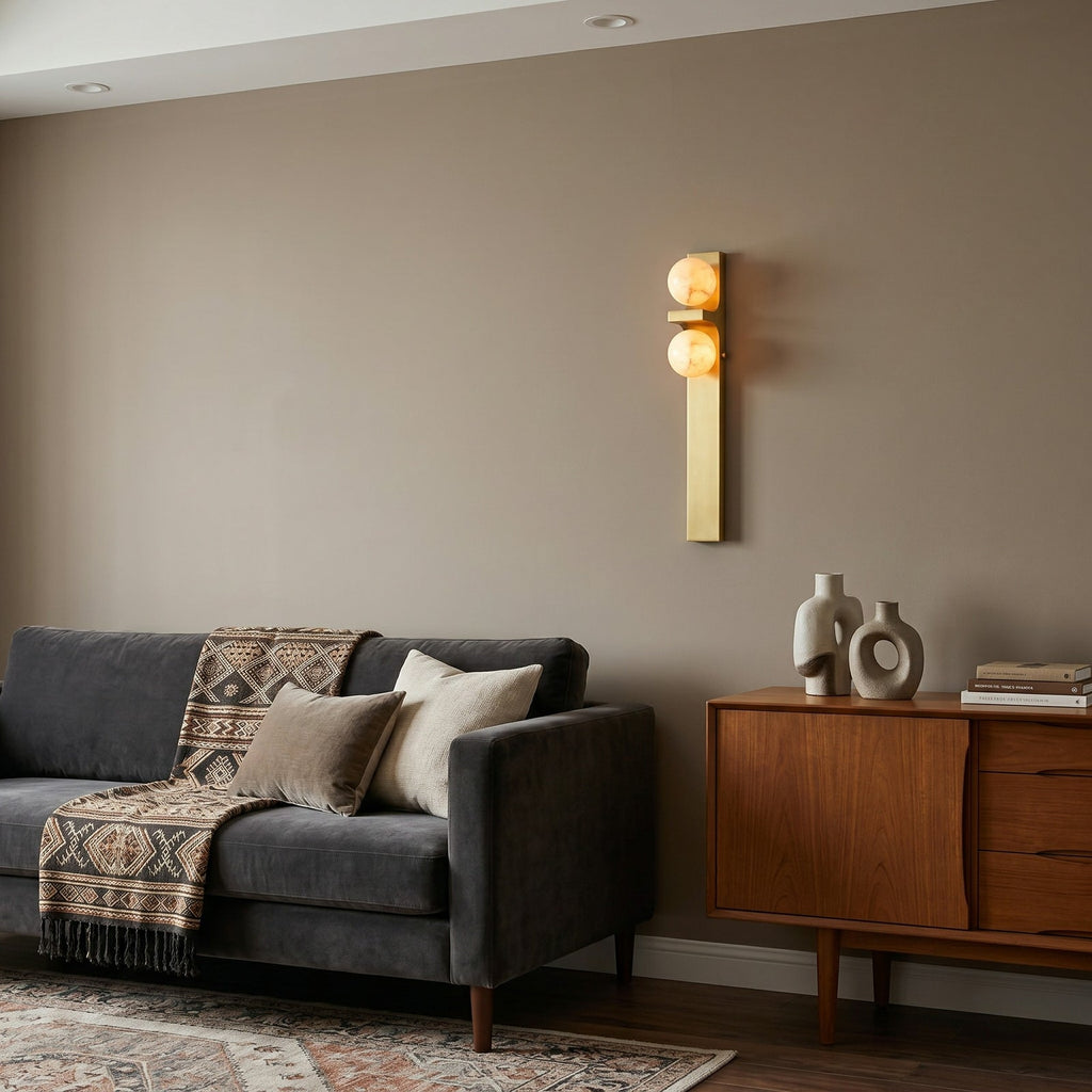 Asymmetrical Alabaster Wall Sconce — additional product view, two stone globes placed asymmetrically on a brass frame (view 3)