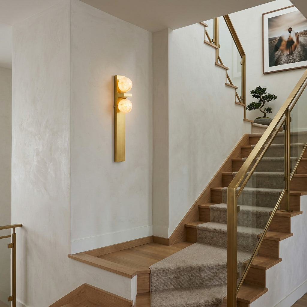 Asymmetrical Alabaster Wall Sconce — additional product view, two stone globes placed asymmetrically on a brass frame (view 4)