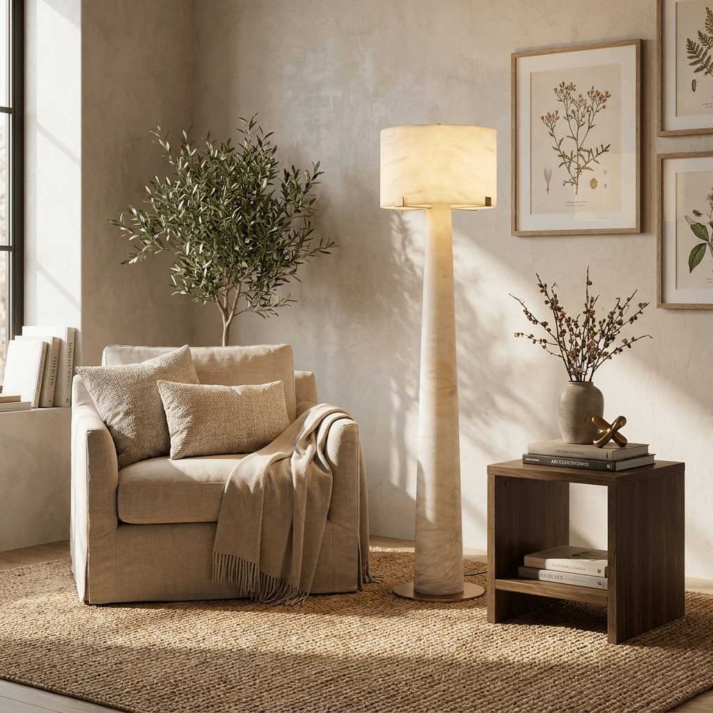Aterion Alabaster Floor Lamp — product setting and fixture profile, a tapered stone column beneath a rectangular stone shade (view 2)