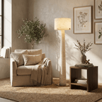 Aterion Alabaster Floor Lamp — product setting and fixture profile, a tapered stone column beneath a rectangular stone shade (view 2)