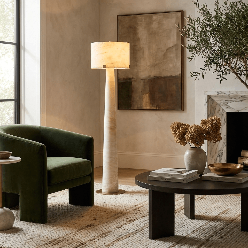 Aterion Alabaster Floor Lamp — additional product view, a tapered stone column beneath a rectangular stone shade (view 3)