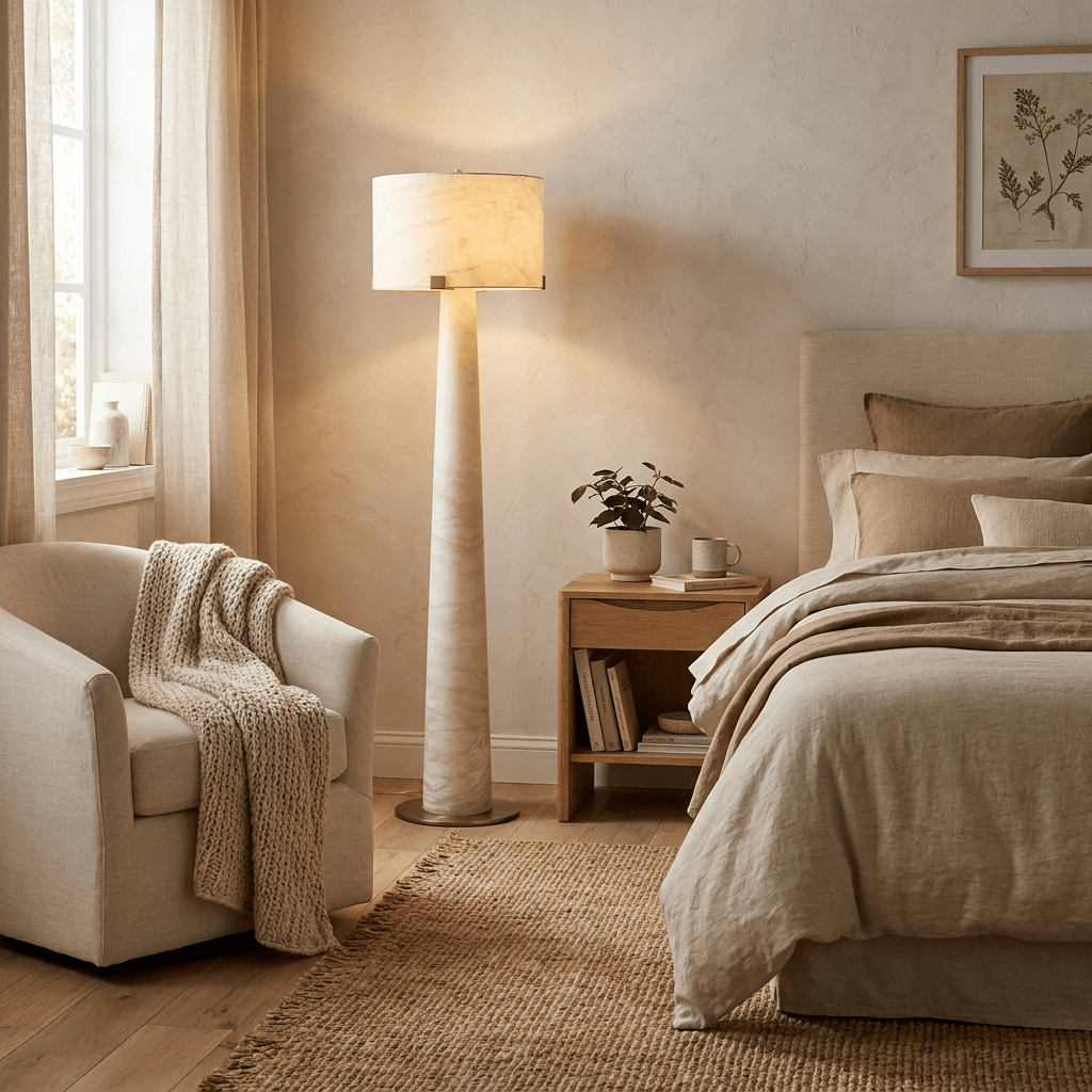 Aterion Alabaster Floor Lamp — additional product view, a tapered stone column beneath a rectangular stone shade (view 4)