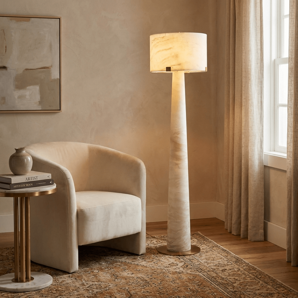Aterion Alabaster Floor Lamp — additional product view, a tapered stone column beneath a rectangular stone shade (view 5)