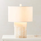 Athena Alabaster Table Lamp — product setting and fixture profile, a stone base beneath a fabric drum shade (view 2)