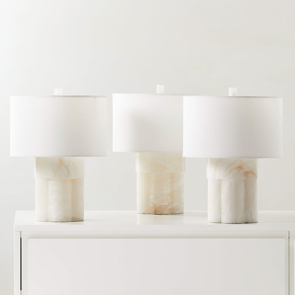 Athena Alabaster Table Lamp — additional product view, a stone base beneath a fabric drum shade (view 3)