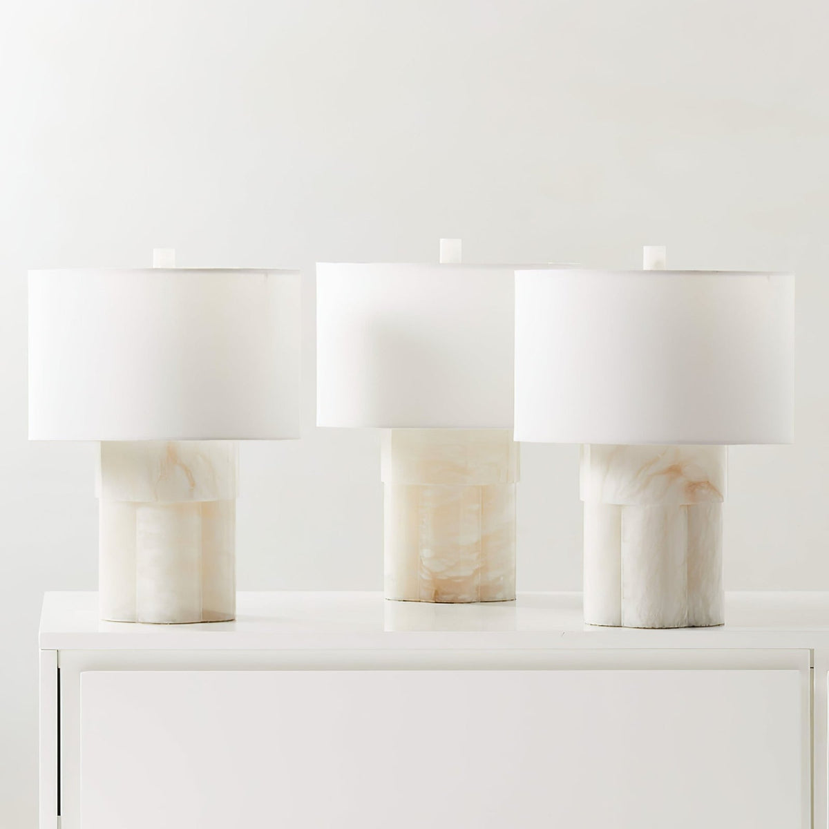 Athena Alabaster Table Lamp — additional product view, a stone base beneath a fabric drum shade (view 3)