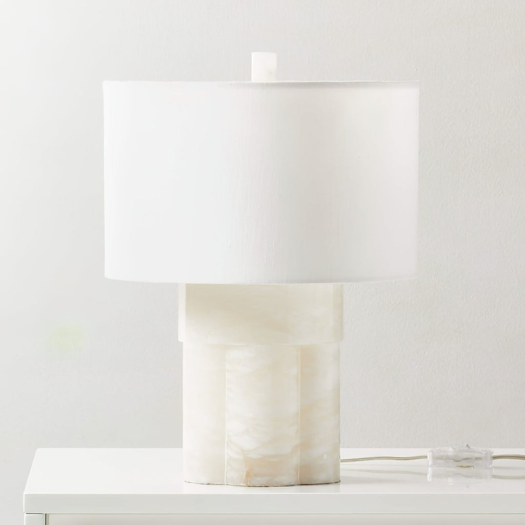 Athena Alabaster Table Lamp — additional product view, a stone base beneath a fabric drum shade (view 4)