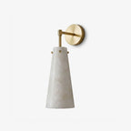 Aurelia Alabaster Cone Wall Sconce — full fixture profile, an elongated stone cone on a refined metal wall arm (view 1)