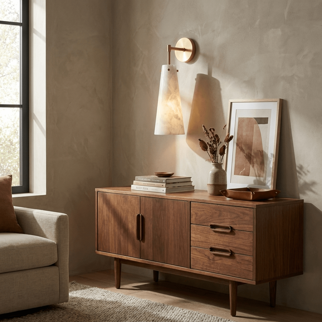 Aurelia Alabaster Cone Wall Sconce — product setting and fixture profile, an elongated stone cone on a refined metal wall arm (view 2)